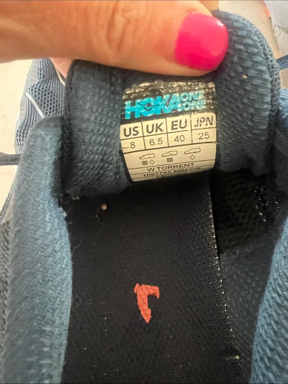 Hoka One Torrent size 8 Navy Mesh Running Shoes with Orange Accents. Amazing!!